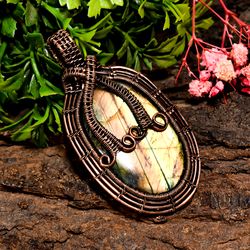 natural labradorite gemstone oval vintage handmade pure copper wire wrapped pendant 2.5" 20.6 gms kr0966