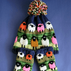 sheep hat | hand knit alpaca wool bobble beanie| pom pom beanie| fingerless gloves matching set|cozy warm beanie hat|