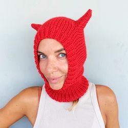 knit balaclava with ears red wintef ski mask handmade crochet wool cat hat