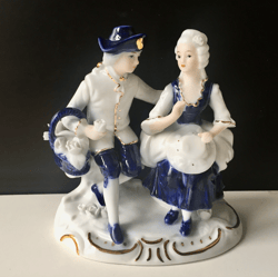 victorian lady and gentleman ceramic figurine picnic time in blue, white, gold | vintage 1990s |