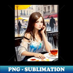 beauitful woman on parisian cafe - Modern Sublimation PNG File - Bold & Eye-catching