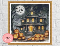 cross stitch pattern,spooky halloween night,pdf, instant download,spooky x stitch chart,trick or treat,bat,watercolor