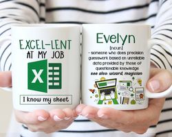 custom name accountant mug, excel-lent at my job coffee mug, funny spreadsheet ceramic cup gift for coworkers, tax seaso