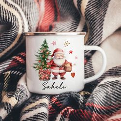 personalized christmas childrens hot chocolate mug, kids xmas enamel mug, christmas eve box ideas, gift for kids, childr