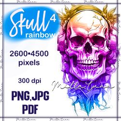 rainbow skull png, skull png, skull png sublimation, skull clipart png, skull png digital downloads, happy skull, jpg