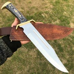 custom handmade d2 steel bowie knife full tang wood handle hunting knife with leather sheath