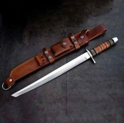 custom handmade  steel hunting tanto sword w/tacked leather handle & sheath