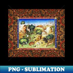 book of huntingrabbits in woodland landscape greenery medieval miniature - digital sublimation download file - bring your designs to life