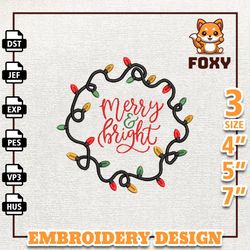 merry and bright embroidery machine design, christmas light embroidery file, instant download