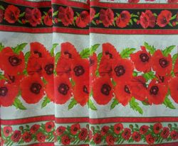 folk art fabric by the yard - wafer cotton russian folk fabric, red poppies fabric cotton by the yard,  floral fabric