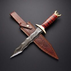 custom handmade damascus steel zigzag dagger knife with leather sheath