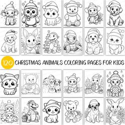 120 christmas animal coloring page for kid | book baby cute santa hat puppy kitten dinosaur rabbit raindeer penguin