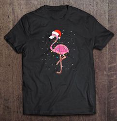 pink flamingo christmas lights santa hat tshirt
