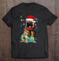 pug dog reindeer santa hat christmas lights t-shirt