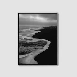 beach photography and beach print, black beach, coastal wall art, black white ocean shore poster, digital prints, digita