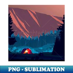 isometric vaporwave camp in forest and mountains landscape - decorative sublimation png file - capture imagination with every detail