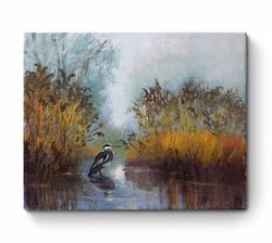 gray heron in the swamp original oil painting on stretched canvas dense marsh reeds sedge