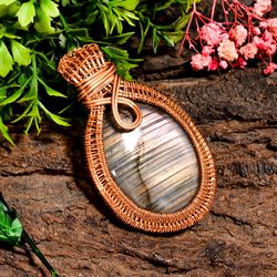 natural labradorite gemstone oval vintage handmade pure copper wire wrapped pendant 2.6" 31.4 gms. kr09-81