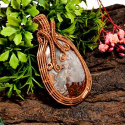 natural crazy lace agate gemstone oval vintage handmade pure copper wire wrapped pendant 2.5" 20.9 gms kr09-100