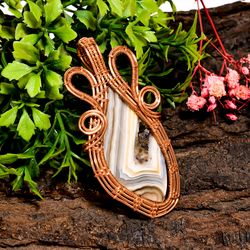 natural botswana agate gemstone fancy vintage handmade pure copper wire wrapped pendant 2.7" 15.8 gms. kr10-1