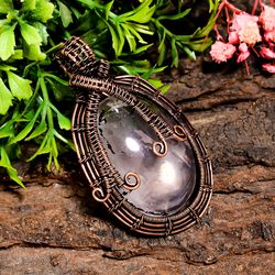 natural rose quartz gemstone oval vintage handmade pure copper wire wrapped pendant 2.3" 22.6 gms. kr10-2