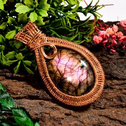 natural labradorite gemstone oval vintage handmade pure copper wire wrapped pendant 2.6" 29.6 gms. kr10-4