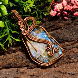 natural labradorite gemstone fancy vintage handmade pure copper wire wrapped pendant 2.7" 20.7 gms. kr10-6