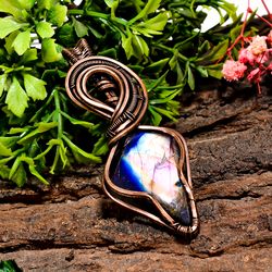 natural labradorite gemstone shield vintage handmade pure copper wire wrapped pendant 2.7" 16.7 gms. kr10-9