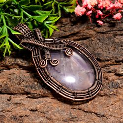 natural rose quartz gemstone oval vintage handmade pure copper wire wrapped pendant 2.5" 20 gms. kr10-13