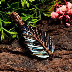 natural labradorite gemstone leaf vintage handmade pure copper wire wrapped pendant 2" 9.6 gms. kr10-15