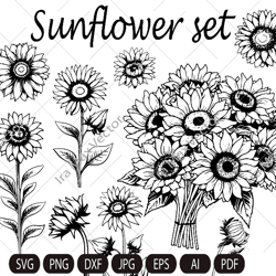 sunflower svg files, sunflower set svg, sunflower svg, floral svg files, flower cut file, wild flower, flower svg file,