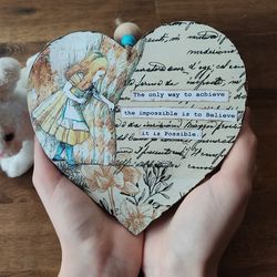 alice in wonderland wooden heart ornament. door wall hanger. christmas home decor.