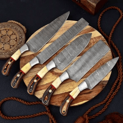 handmade damascus chef set of 5pcs with leather,damascus knife set,damascus chef knife,full kitchen knife set amindustry