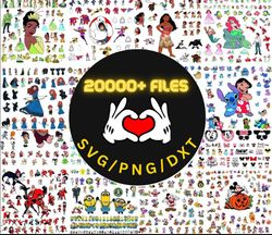 mega svg bundle 20000 layered cricut file, mickey mouse, minnie, frozen, moana, ariel, elsa, stitch, toy story, pooh png