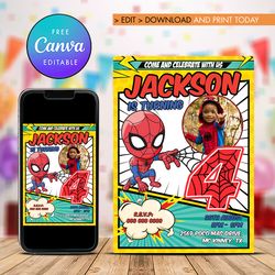 spider man 4th birthday invitation, superheroes four birthday invitation canva editable instant download