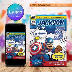 captain america 5th birthday invitation, captain america five birthday invitation canva editable instant download