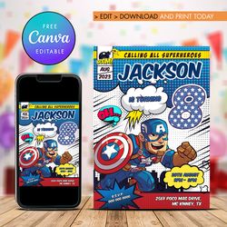 captain america 8th birthday invitation, captain america eight birthday invitation canva editable instant download