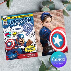 captain america 9th birthday invitation with photo, captain america birthday invitation canva editable instant download