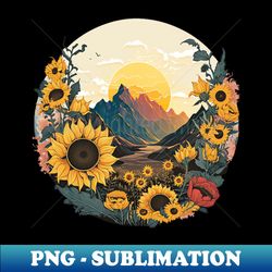 mountain landscape with sunflowers and sun summer design - premium sublimation digital download - revolutionize your designs