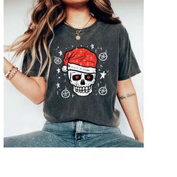 skull with christmas hat shirt, skull santa shirt, merry christmas shirt, xmas matching pajama shirt, christmas party sh