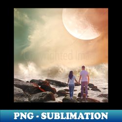 valentine wall art - holding hands on the shore - unique valentine fantasy planet landsape - photo print canvas artboard print canvas print and t shirt - exclusive sublimation digital file - bold & eye-catching
