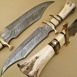 hunting knife custom handmade with beautiful leather sheath personalized gift for him, damascus steel , am industry