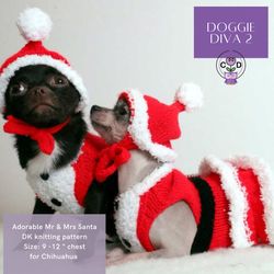 mr & mrs santa - dog knitting pattern. christmas dog outfit knitting tutorial.