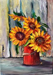 sunflowers still life. large impasto strokes of oil paint.