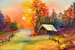 autumn painting, landscape painting. sunny autumn art.