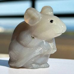 carved natural stone miniature mouse. handmade from agate.