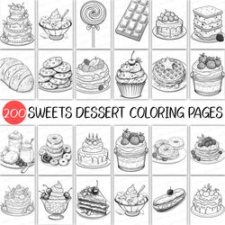 200 sweets dessert coloring page | kid adult book cup cake chocolate banana split ice cream sundae apple pie rye bread
