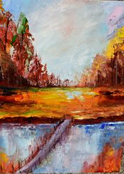 autumn bridge in the picture. abstract painting. palette knife painting with oil paints.