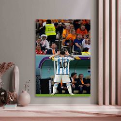 lionel messi world cup poster canvas wall art, messi signature and world cup canvas, football cup ready to hang football