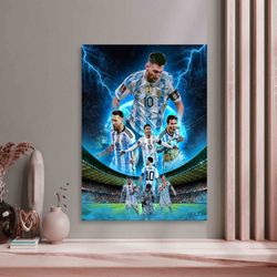 lionel messi world cup poster canvas wall art, messi signature and world cup canvas, football cup ready to hang football